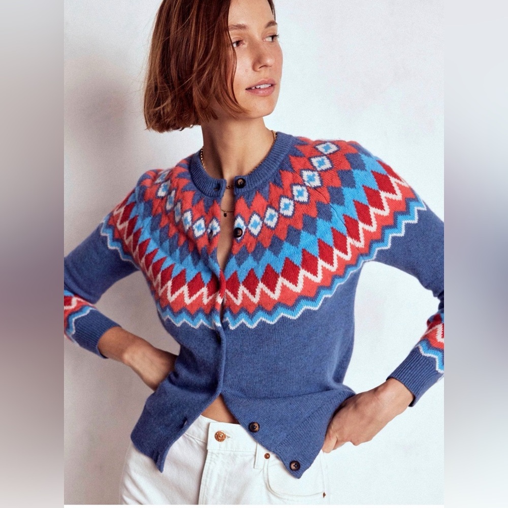 NWOT Boden Edie Blue Fair Isle Cardigan Sweater Size S